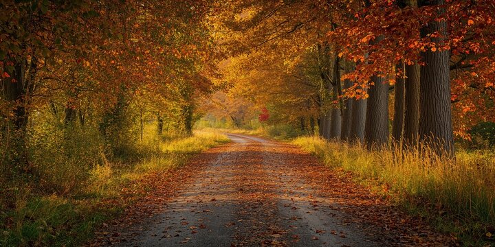 Backlit scene of fallen brown leaves and tire tracks on a shaded rural country road with tall trees in autumn, seasonal change awareness