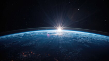 Obraz premium Wide-angle view of Earth's sunrise from space highlighting galaxy, sun, and planet, suitable for astronomy background use