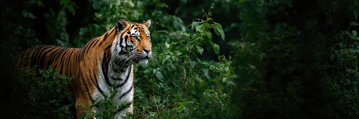 Naklejka premium Standing adult Indochinese tiger in a natural setting, emphasizing wildlife conservation awareness