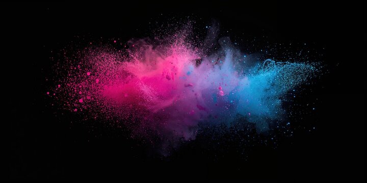 Pink and blue powder particles dispersing on a dark background, suited for artistic or layout backgrounds