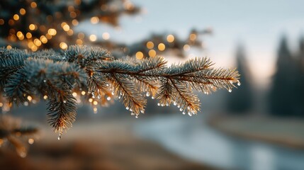 Warm twinkling lights amongst spruce branches