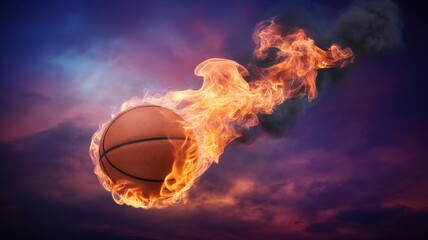 Basketball on fire with a dramatic sky background in the evening