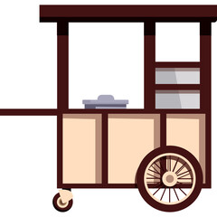 Classic Brown Wooden Food Cart With Cream Colored Panels And A Silver Tray On Wheels Isolated On White Background
