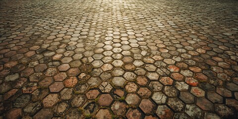 Hexagonal pavers in earthy tones forming a geometric pattern, suitable for background design or layout, Earth Day