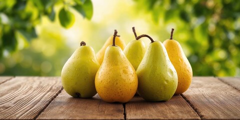 Juicy flavorful pears resting on a wooden desk, emphasizing fresh fruit for healthy snacks