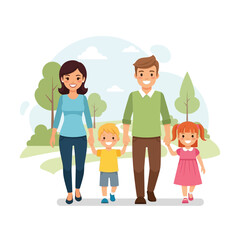 Happy cartoon family of four walking together holding hands.
