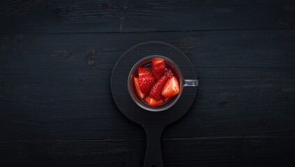 Glass cup filled with sliced strawberries used as a fresh fruit snack, emphasizing healthy eating habits