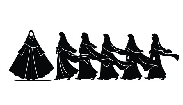 Vector Illustration of Burqa Clad Women: Group Silhouette Showing Full Veil and Flowing Traditional Garments 