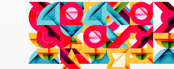 Abstract geometric shapes, vibrant colors, dynamic composition. Bold design, modern aesthetic, playful forms, visual impact.