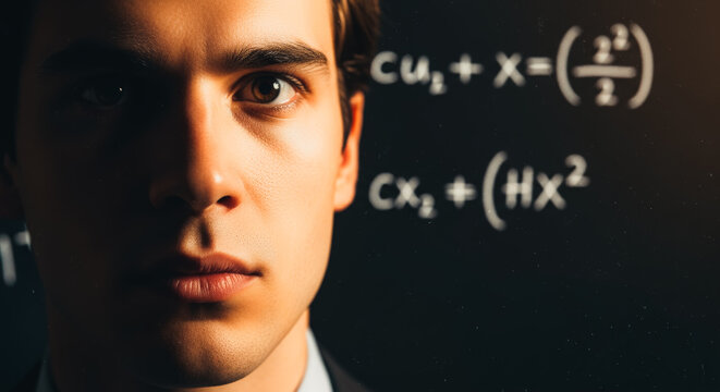 A determined scholar stands before a chalkboard, a profound look on his face, illuminated by focused shadows, surrounded by mathematical equations. - Powered by Adobe