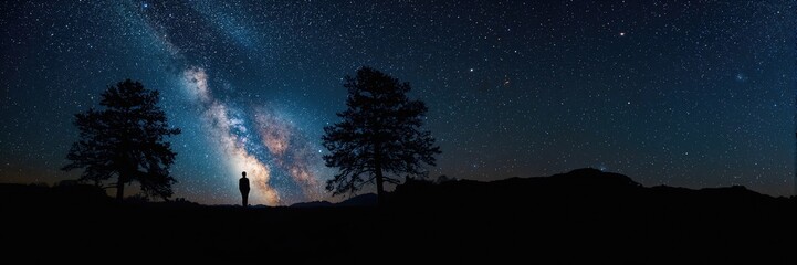 Naklejka premium Silhouetted trees beneath the Milky Way starry sky, emphasizing natural night preservation awareness