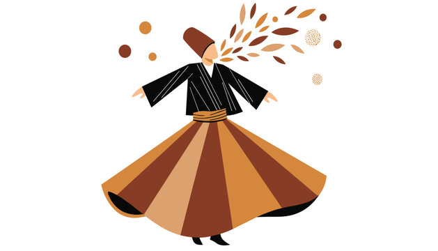 Vector Illustration of Whirling Dervish: Sufi Dancer in Traditional Attire Performing the Sema Ritual Dance. 
