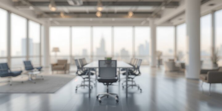 Modern blurry office environment with contemporary workspace and indistinct elements, serving as a background for professional or creative layouts