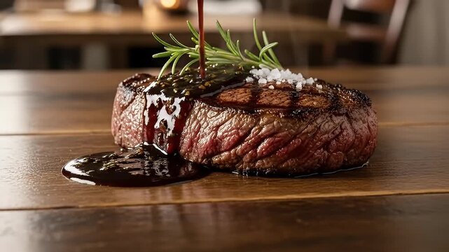 A mouth-watering, perfectly grilled cut of succulent meat, expertly seared with visible grill marks, rests invitingly on a rustic wooden table. A rich, dark sauce is elegantly drizzled over the top, c