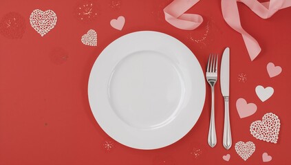 Romantic dinner setting with paper art on Valentine's Day, featuring a white plate and cutlery on a red background, emphasizing festive table arrangement