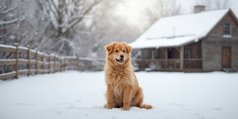 Chained orange rural dog resting in winter yard near a rural house, emphasizing outdoor animal care