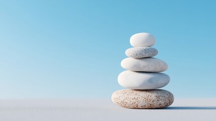 White sea pebble stone stack on light blue background.