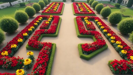 parterre. Symmetrical garden flower beds with red and yellow blossoms, geometric patterns. gardening catalogs, home-decor guides, designed for gardening and botanical catalogs.
