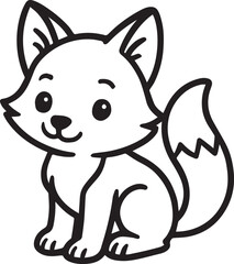 A charming and simplified black and white illustration of a cute, friendly fox cub. This delightful cartoon character exudes a sense of innocence and playfulness.