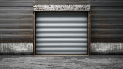 Closed metal roller shutter door, industrial background emphasizing security and durability, urban exterior setting, functional design