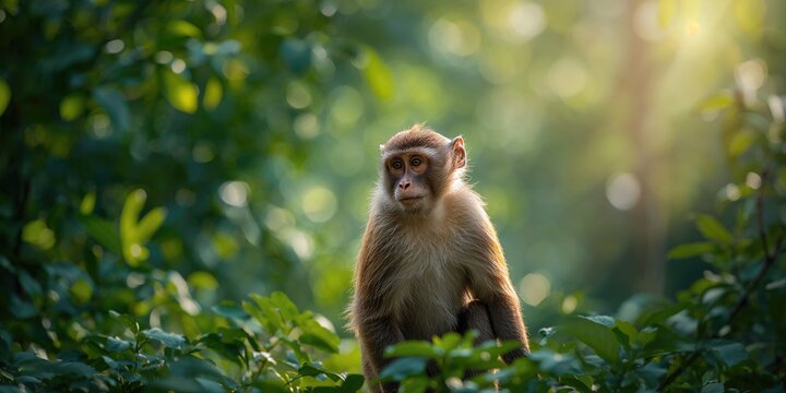 Profile shot of macaque in forest setting used as background for nature-themed text layout