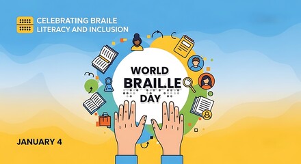World braille day celebration with hands reading braille and various braillerelated items around