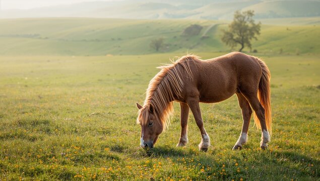 Miniature horse grazing on grass, emphasizing rural farm activity, Nature preservation day