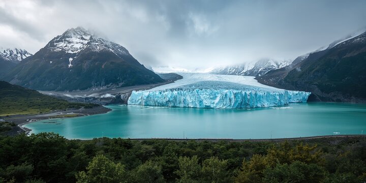 Aerial view of a glacier and emerald lagoon in remote Argentina, emphasizing natural preservation and seasonal change