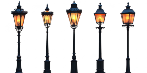 Set of elegant street lamps isolated on transparent or white background