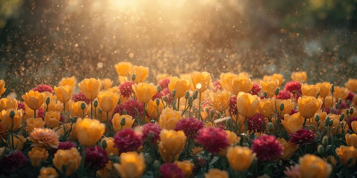 Background of a vibrant garden with spring sunlight highlighting colorful flowers, ideal for text overlays, Earth Day