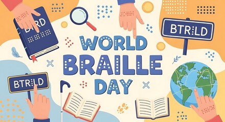 World braille day celebration with books, globe, and braille alphabet symbols, highlighting accessibility and literacy