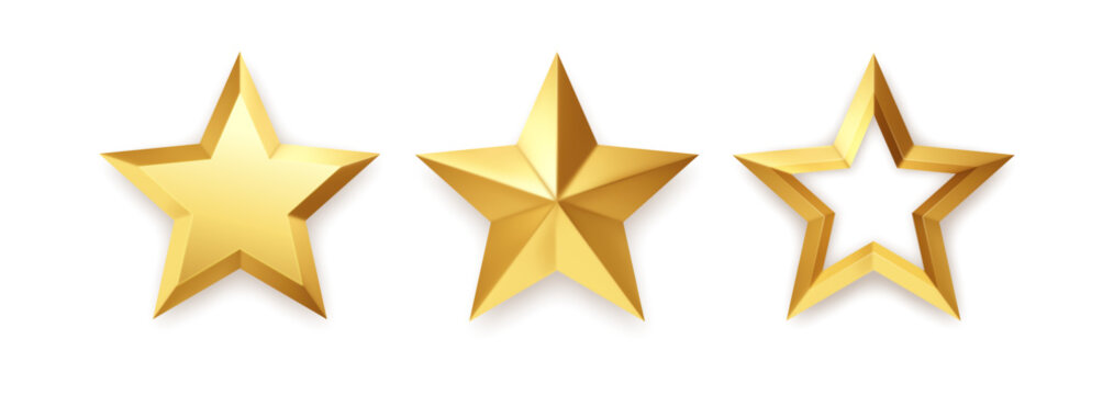 Three Gold Stars On White Background In Modern Shiny Gold Tone Style Isolated Design