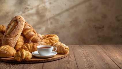 Bakery items and a cup of tea on a table, emphasizing food presentation for a casual meal setting