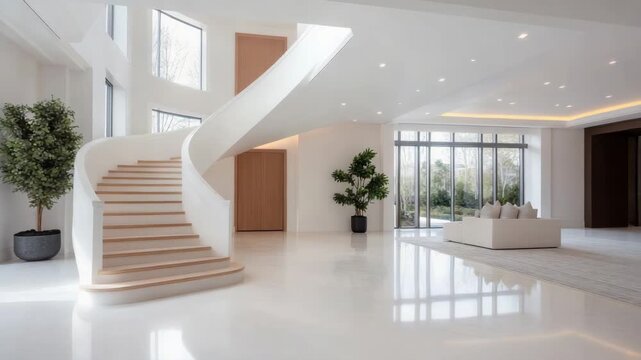 Spiral staircase modern foyer with natural light minimalist seating bright airy curved staircase