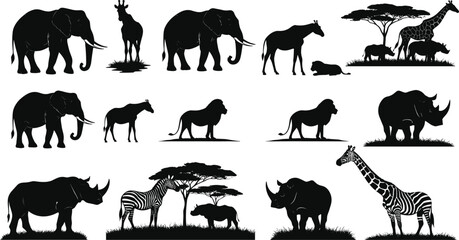 African wildlife silhouettes, elephant, giraffe, zebra, lion, rhino, antelope, savanna trees, nature animals, safari scene, vector set, black glyphs © Masuduzzaman