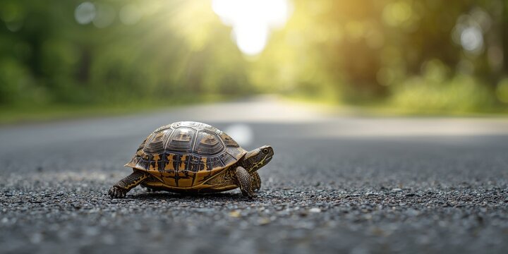 Box turtle crossing the road in a summer natural setting, suitable for wildlife background or wallpaper
