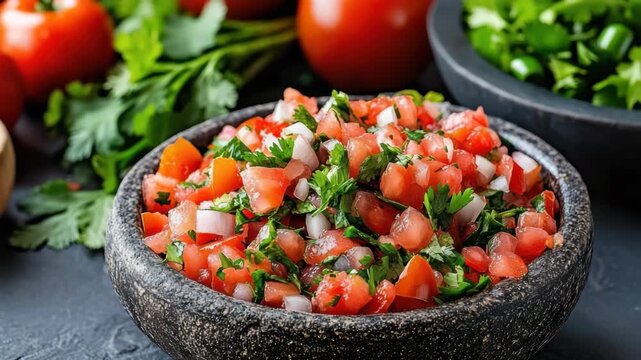 Fresh tomato salsa with onion and cilantro in stone bowl vibrant and zesty