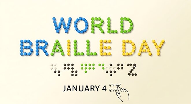 World braille day celebration with colorful text and braille symbols on january 4th