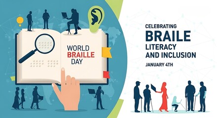 Celebrating world braille day with diverse people and braille literacy and inclusion theme on january 4th