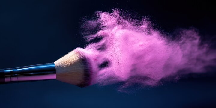 Cosmetic brush releasing vibrant pink powder studio shot dark background