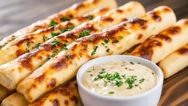 Cheesy breadstick appetizer with creamy sauce, garlic dip, melted cheese parsley