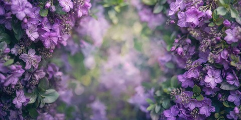 Obraz premium Purple floral backdrop with leafy greens, suitable for editorial header backgrounds