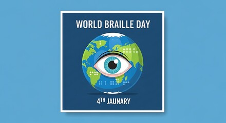 World braille day celebration with a globe eye design on a blue background, observed on january 4th