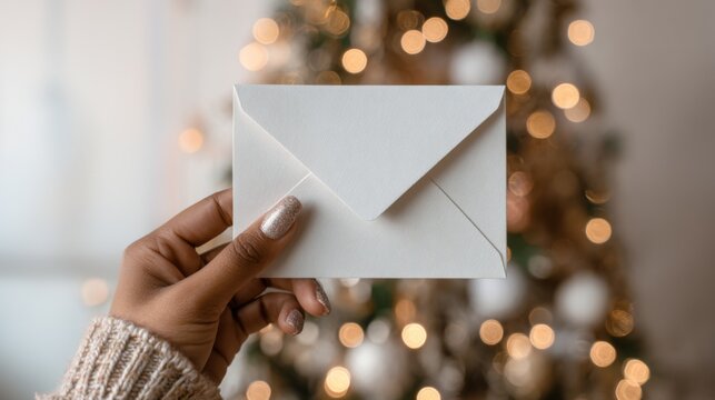 A blank white square Christmas greeting card opened by a female hand, perfect for conveying warm Christmas and New Year wishes with a touch of sophistication and festive cheer, holiday greetings 