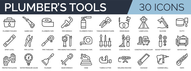 Set of 30 outline icons related to plumber's tools. Linear icon collection. Editable stroke. Vector illustration