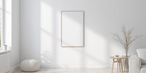 Blank picture frame mockup on wall for gallery display, background for artwork presentation