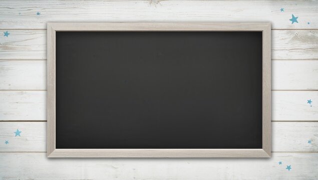 Blank chalkboard with blue stars and weathered whitewash textured wood background used for educational display or signage