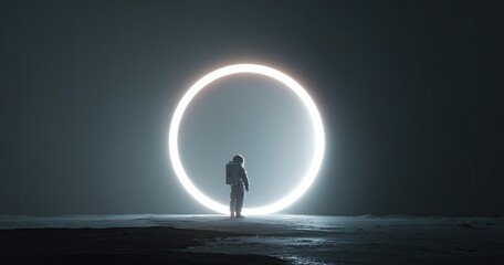 Lonely astronaut faces a luminous, circular portal in a desolate landscape