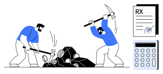Two miners breaking rocks with tools, accompanied by a signed prescription form and calculator. Ideal for mining, labor, pharmaceuticals, cost analysis, effort, productivity, expense calculation