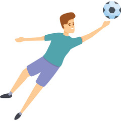 Athletic Young Man in Teal T Shirt and Purple Shorts Leaping to Catch Soccer Ball Transparent Background Action Shot